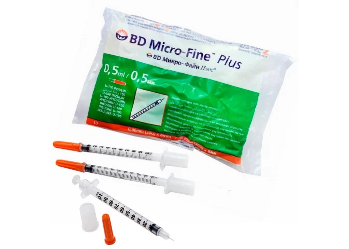 Шприц инсулиновый BD Мicro-Fine Plus U100 0.5 мл с иглой 0.3 х 8 мм (30G), № 100