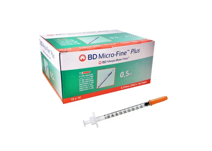 Шприц инсулиновый BD Мicro-Fine Plus U100 0.5 мл с иглой 0.33 х 12.7 мм (29G), № 100