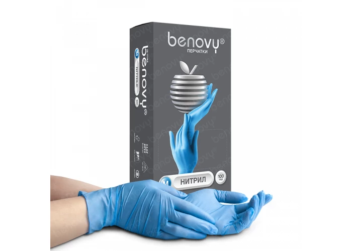 Перчатки нитрил Benovy размер L голубые 100пар/уп