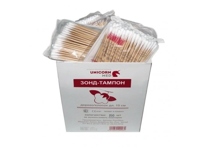 Палочка тампон нестерильная S, Дерево-хлопок 15 см, № 100
