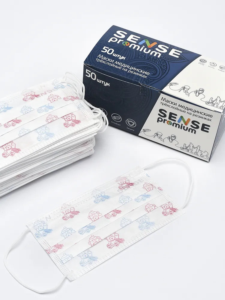 Маска медицинская SENSE premium 3-х слойная на резинке с рисунком “Мишки” № 50