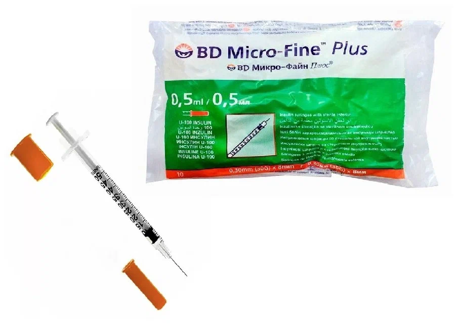 Шприц инсулиновый BD Мicro-Fine Plus U100 0,5 мл. с иглой 0.30*8 № 100
