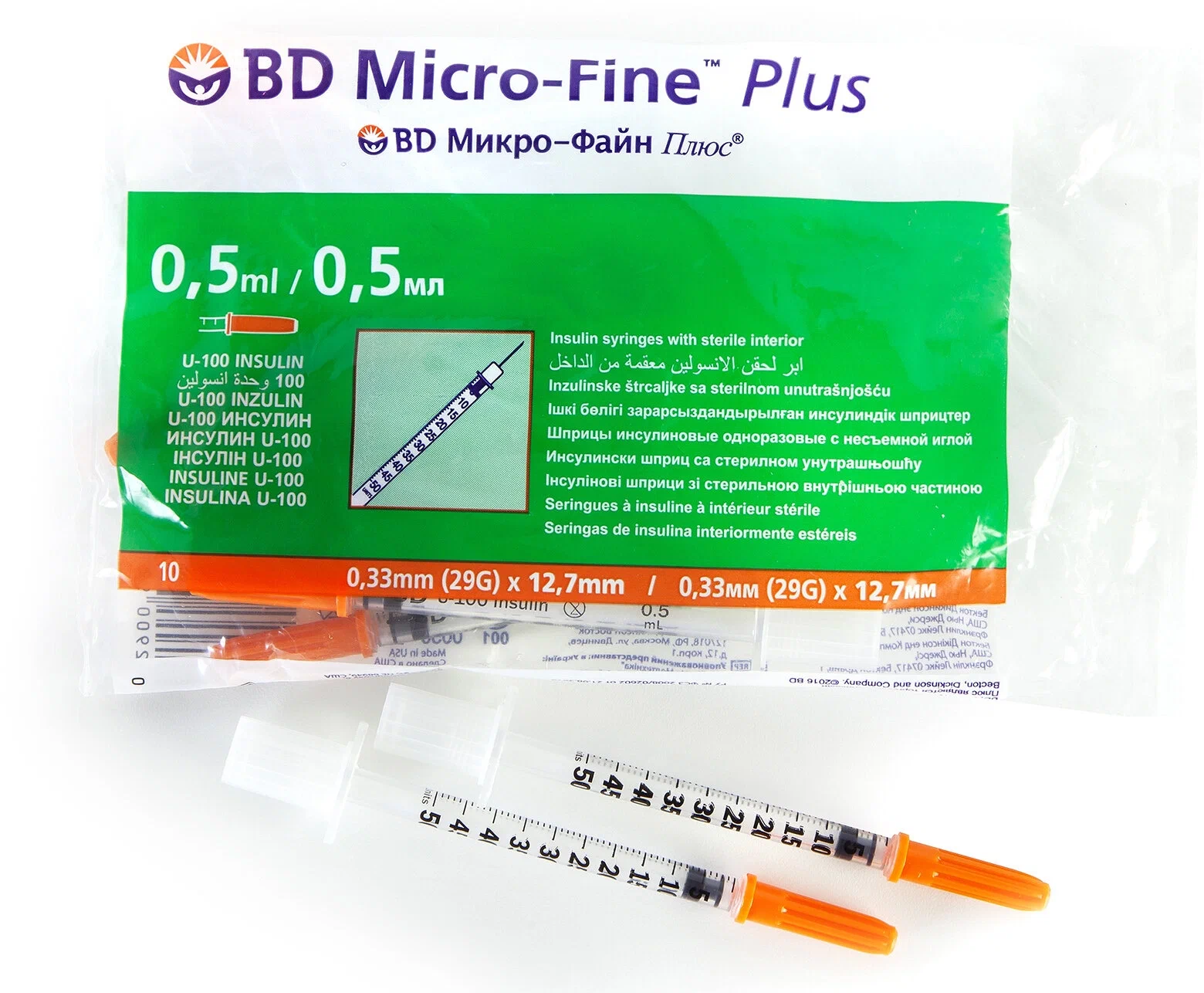 Шприц инсулиновый BD Мicro-Fine Plus U100 0.5 мл с иглой 0.33 х 12.7 мм (29G), № 100
