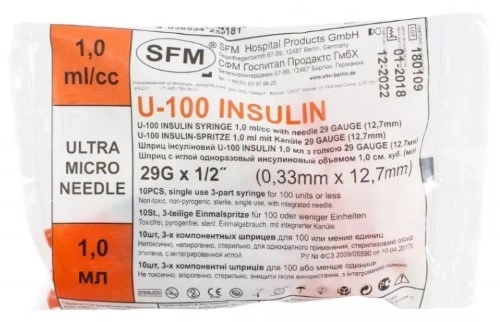 Шприц инсулиновый со встроенной иглой 1 мл с иглой 0.33 х 12.7 мм (29G), № 100