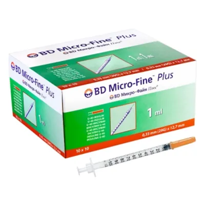 Шприц инсулиновый BD Мicro-Fine Plus U100 0.5 мл с иглой 0.33 х 12.7 мм, № 100